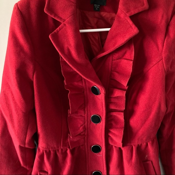 Red Pea Coat With Ruffles - Picture 3 of 3